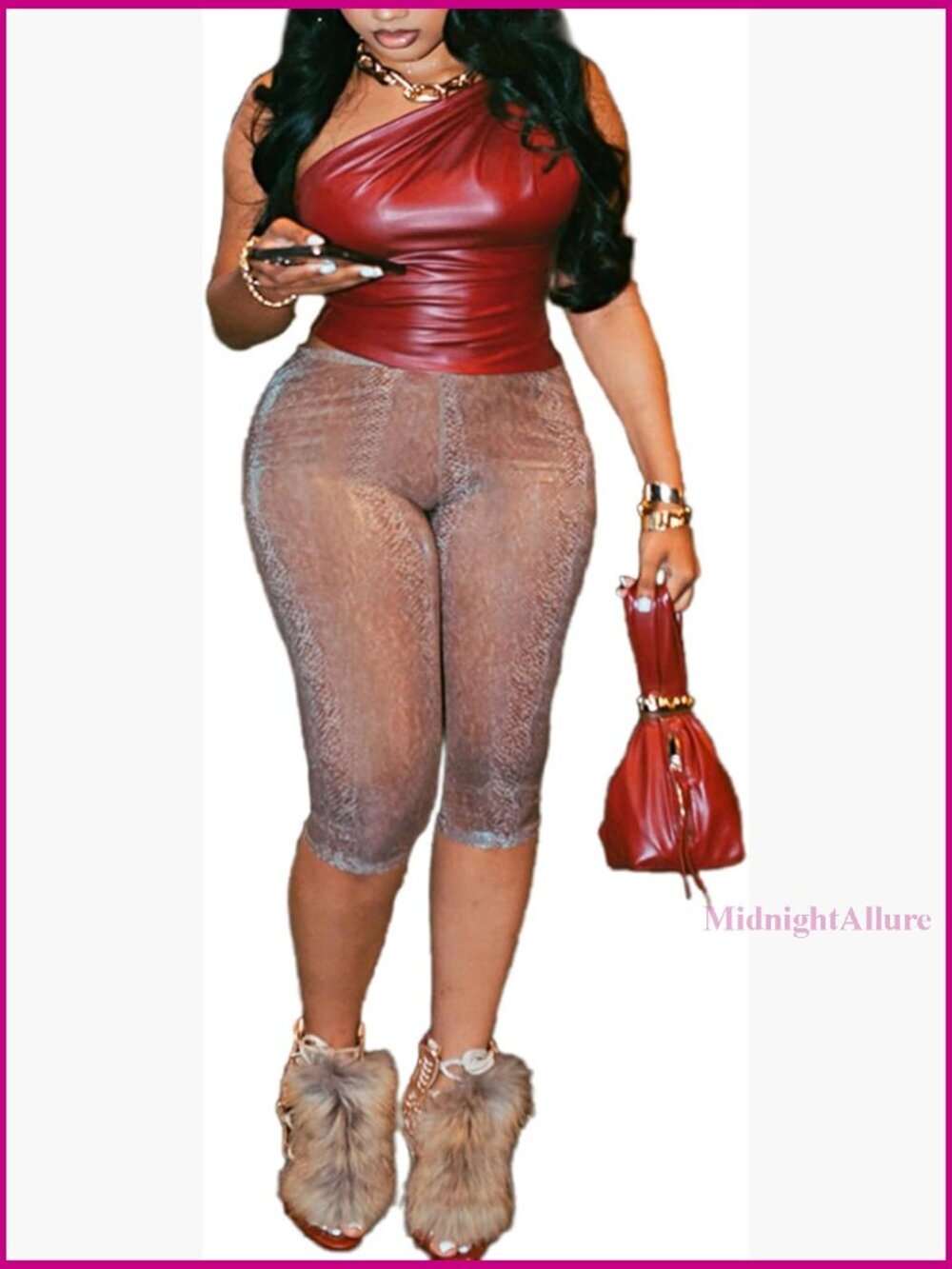 One Shoulder Faux Leather Crop Top with Snake Print Capri Pants Set